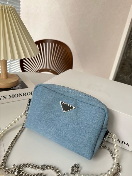 

new designer shoulder bag women's chain bag denim pearl chain camera bag