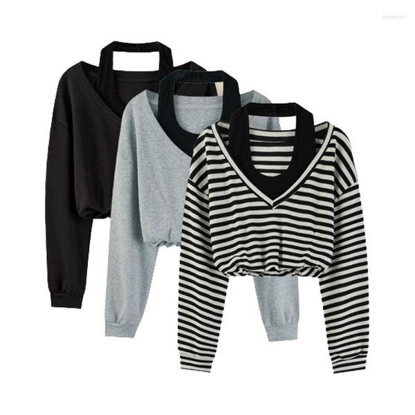 

Women's Hoodies Spring 2023 Korean Casual Fake Two Pieces Strapless Crop Top Harajuku Striped Short Sweatershirt Loose Pullovers T-shirt, Black