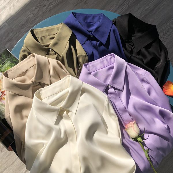 

women's blouses shirts women high-end long sleeve silk blend lapel solid color blouse shirt - ladies black/blue/purple 230424, White