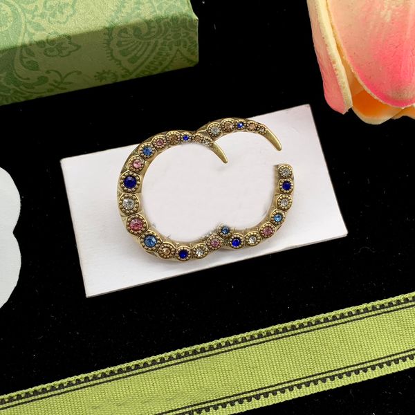 

colorful crystals brand double letter pin brooch geometric bronze sweater suit collar pin brooche fashion mens womens crystal rhinestone pea, Gray