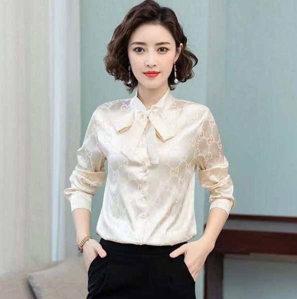 

lace-up bow silk print women shirt lantern long sleeve ice silk blouse lapel italy button versatile base layer luxury casual, White