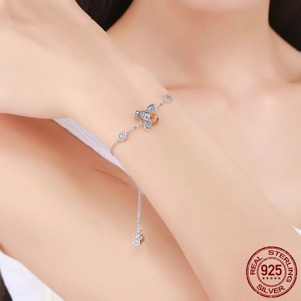 

925 sterling silver honey bee charm bracelet for women with crystal big stone jewelry, Golden;silver