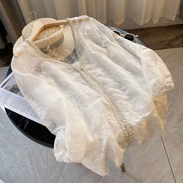 

lace hollow sandro sq-u-are neck bubble sleeve shirt for women's 2023 new fashionable and popular design top, White