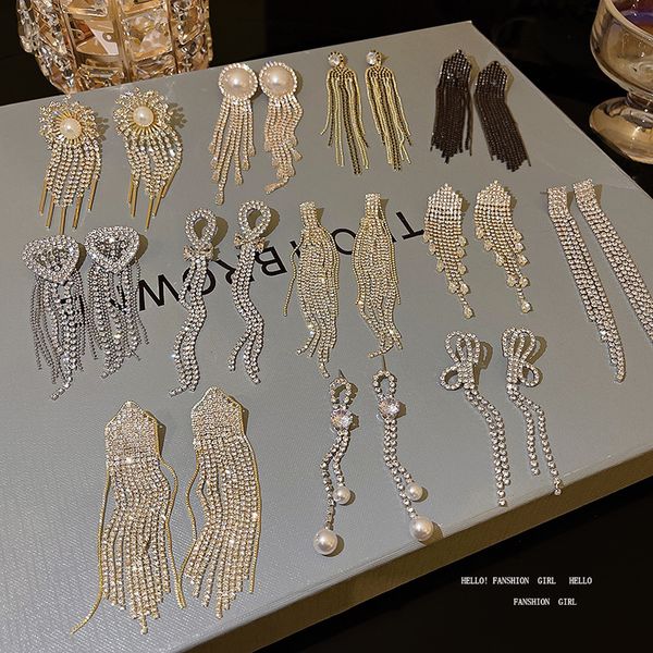 

925 silver needle exquisite full diamond long tassel earrings bride butterfly earrings, White