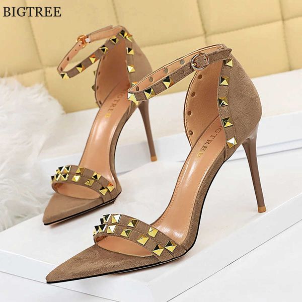 

retro summer metal rivet sandals women high heels buckle pumps black khaki flock pointed open toe party dress shoes 230424