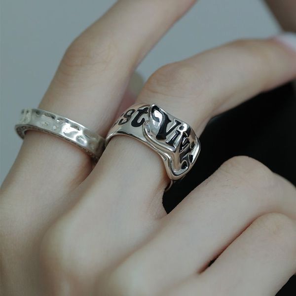 

couple rings rainbow lettering belt open ring niche design retro personality high sense ins cool wind all-around ring unique engagement ring, Silver