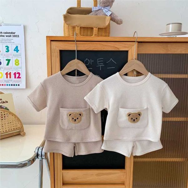 

clothing sets new ins baby boy girl summer 2pcs clothes set waffle pocket solid cotton bear short sleeve shorts suit infant outfits w0424, White