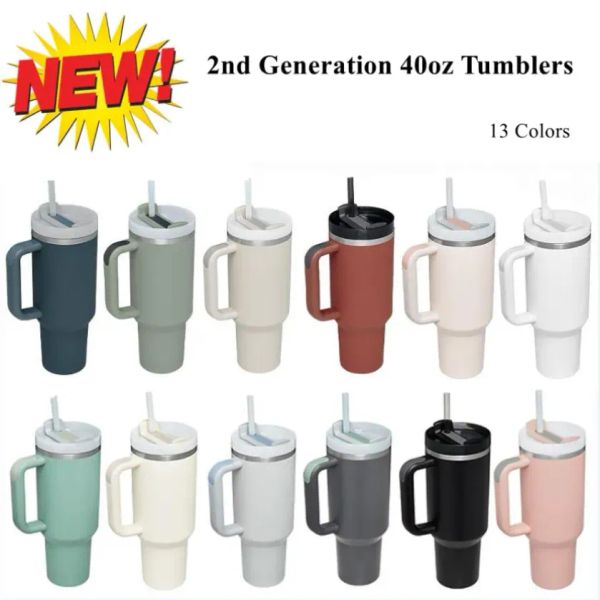 

40oz stainless steel mugs with silicone handle lid straw 2nd generation big capacity travel car cups outdoor vacuum insulated water bottles