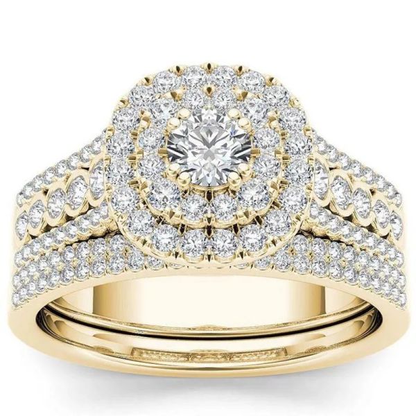 

wedding rings bridal set elegant crystal engagement ring luxury gold color round heart zircon for women jewelry, Slivery;golden