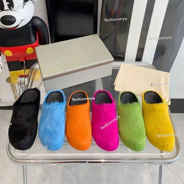 

horse hair mules designer women slippers men round toe loafers furry sandals comfortable flip flops platform rubber slides size35-46, Black