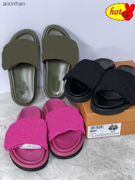 

women sunset flat comfort mules padded front strap slippers designers pool pillow flat mules fashionable easy-to-wear style slides with box, Black