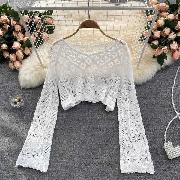 

polos bohemia vintage crochet hollowed out polo shirt women long sleeve new 2022 summer fashion versatile casual crop shirt female, White