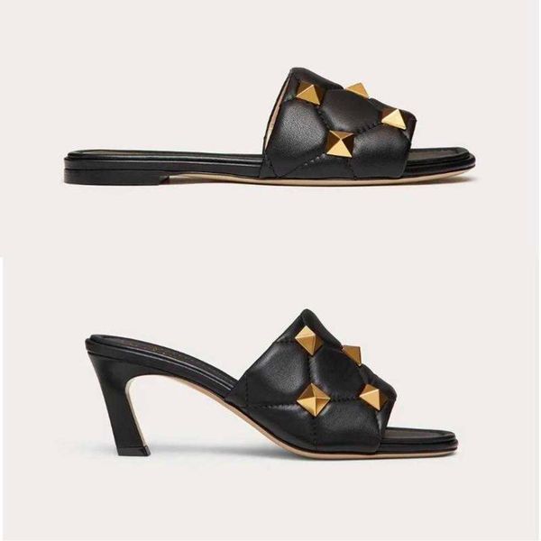 

roman stud slide women shoes sandal quilted rivet slides 65mm high heels flat slippers rhombus pattern lea jex, Black
