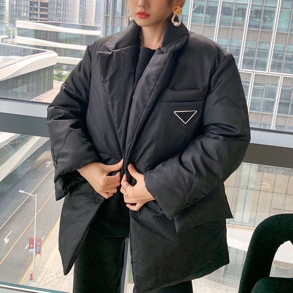 

Women' Down Jacket Autumn And Winter New Fashion Triangle Belt Decoration Thickened And Warm Versatile Loose Cotton Coat, Black