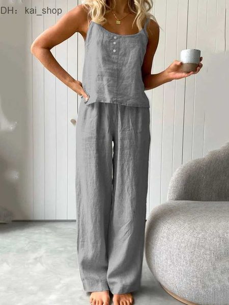 

piece pants thin with sleeveless suspenders long set, fashionable, cotton linen outerwear for 21, White