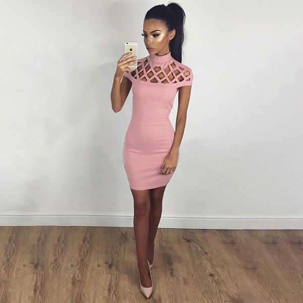 

hollow out bodycon dresses women short sleeved summer mini dress lady party fashion sheath solid color m8wx, Black;gray