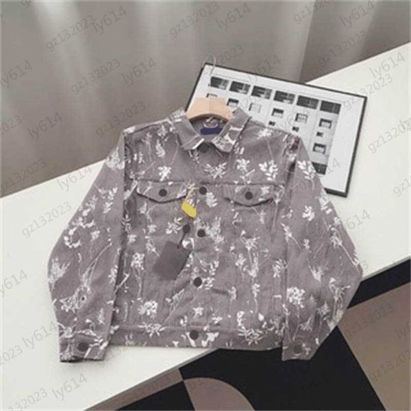 

brand jacket contrasting color lettering floral print lapel long sleeve pocket denim jackets simple designer pure cotton fabric loose joker, Black;brown