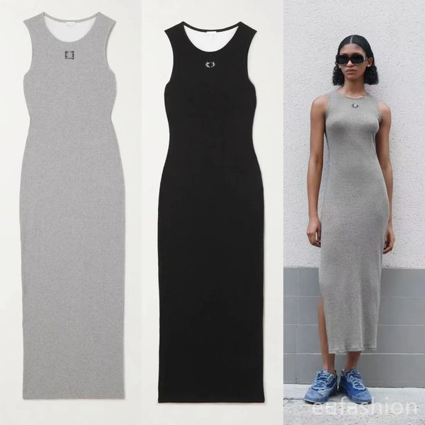 

women anagram maxi tank dress in ribbed blend cotton knit jersey with an embroidered, Black;gray