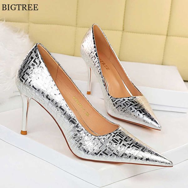 

shoes shallow fashion metal embossed leather women pumps high heels wedding pointed toe party dress autumn ladies 230424, Black
