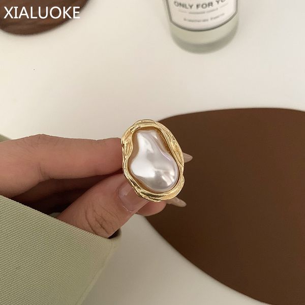 

cluster rings xialuoke fashion geometrical irregular baroque pearl ring for women retro open resizable index finger rings party jewelry 2304, Golden;silver