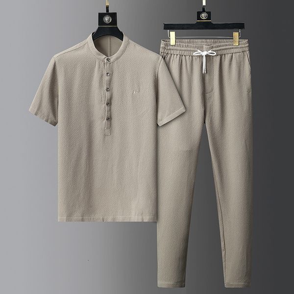 

men's tracksuits minglu summer spring sport male sets luxury bee embroidery short sleeve men's suits fashion elastic waist man pat, Gray