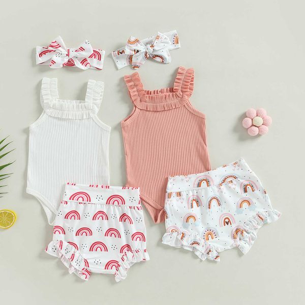 

clothing sets infant baby girls clothes suits solid color ribbed sleeveless frills sling romper rainbow print shorts headband 3pcs set w0424, White