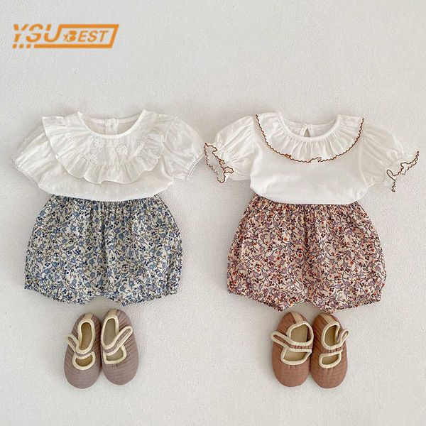 

clothing sets summer baby girls short sleeve pure color t-shirt +printing shorts suit sweet baby girls clothes infant baby girls clothing su, White