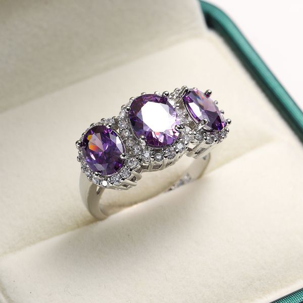 

cluster rings cute female purple crystal stone ring charm silver color wedding rings for women dainty bride oval zircon engagement ring 2304, Golden;silver