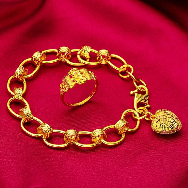 

women heart bracelet wrist chain with ring 18k yellow gold filled elegant fashion lady jewelry gift present, Black