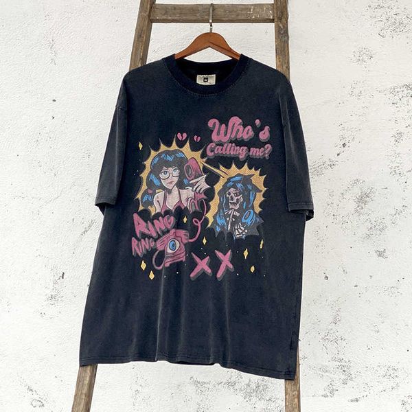 

designer fashion t shirt saint michael vintage high street fog evil spirit summoning wash old casual loose short sleeve t-shirt, White;black