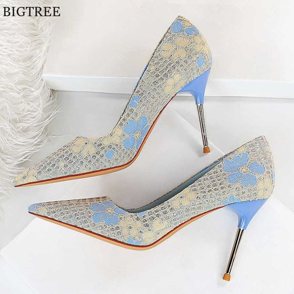 

7/9.5cm high heel women pumps lace mesh sequined cloth autumn bride shoes 2022 pointed flower pattern woman work shoe party 230424, Black