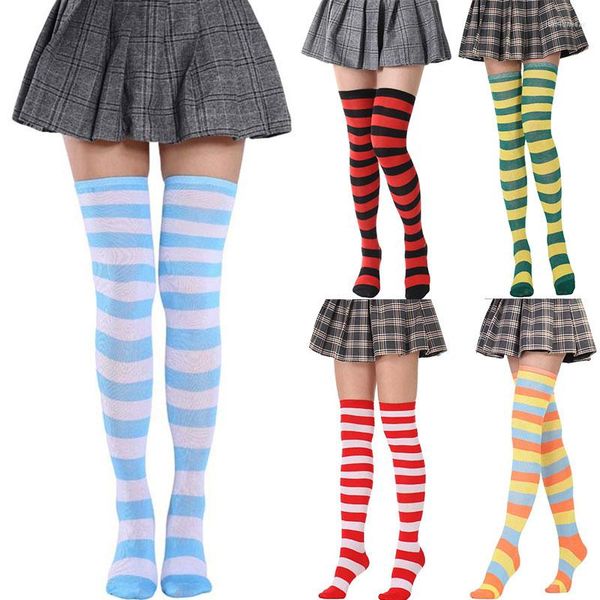 

striped high socks color women's thigh sock japanese style classic fashion, Black;white