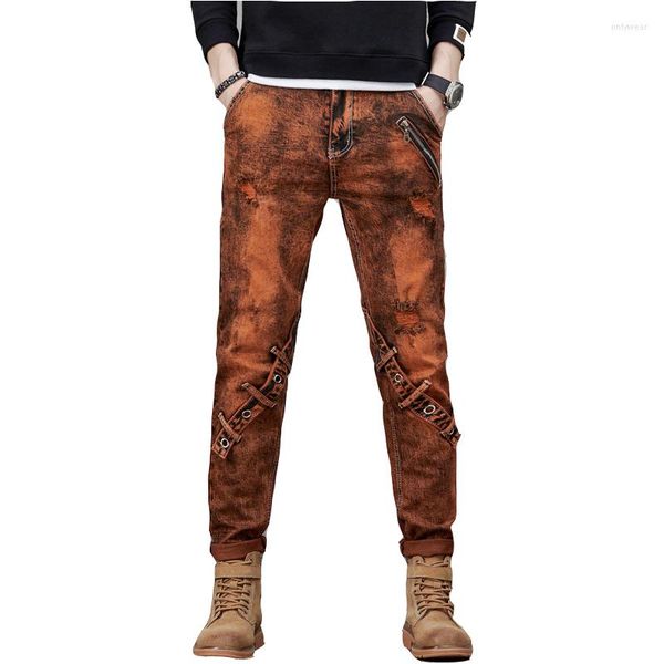 

Men's Jeans Vintage Designer Boyfriend Tangerine Slim Ripped Streetwear Personality Splicing Washed Men Casual Denim Pants, Blue