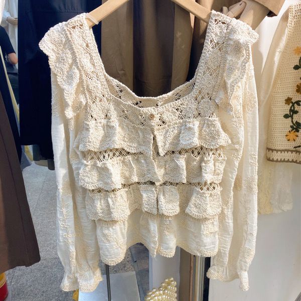 

cardigan shirt women's long sleeved versatile 2023 new ma-e-j-sweet small fresh cotton linen lace hollowed out shirt, White