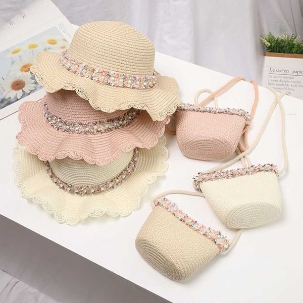 

caps s summer baby flower breathable straw with handbag bags kids boy girls sun visor uv protection panama hat gorros p230424, Yellow