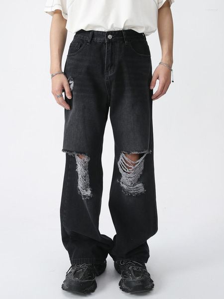 

Men's Jeans SYUHGFA Men's Wear Spring American Style High Street Straight Loose Hole Denim Pants 2023 Fashion Tide Wide Legs, Dark gray