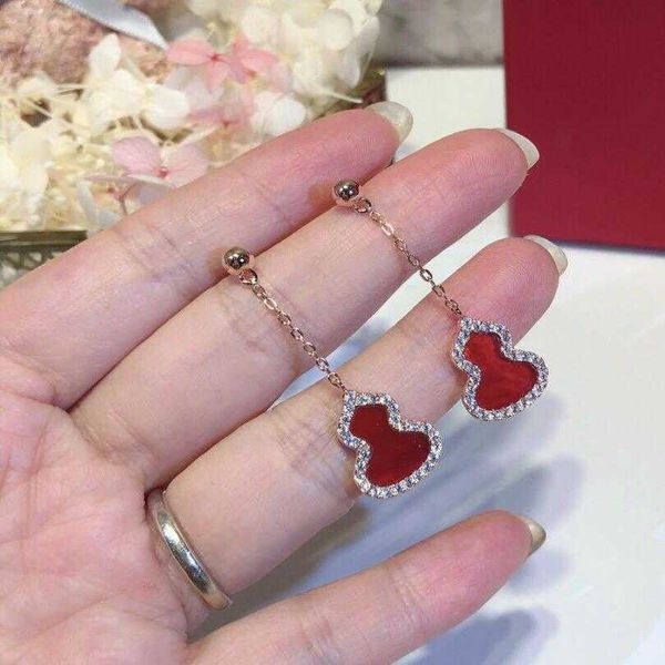 

stud 18k rose gold kirin tassel gourd earrings, female red jade medal, white fritillaria earrings, jade agate long earrings, Golden;silver