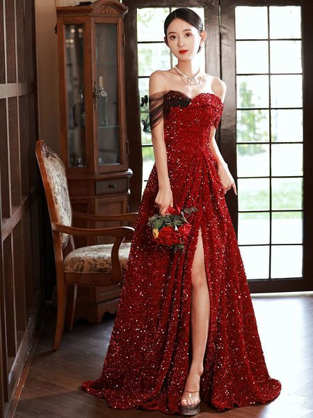 

wine red cocktail dresses off shoulder sequined shiny sweetheart side split formal long evening prom party gowns bridesmaid 2023, Black