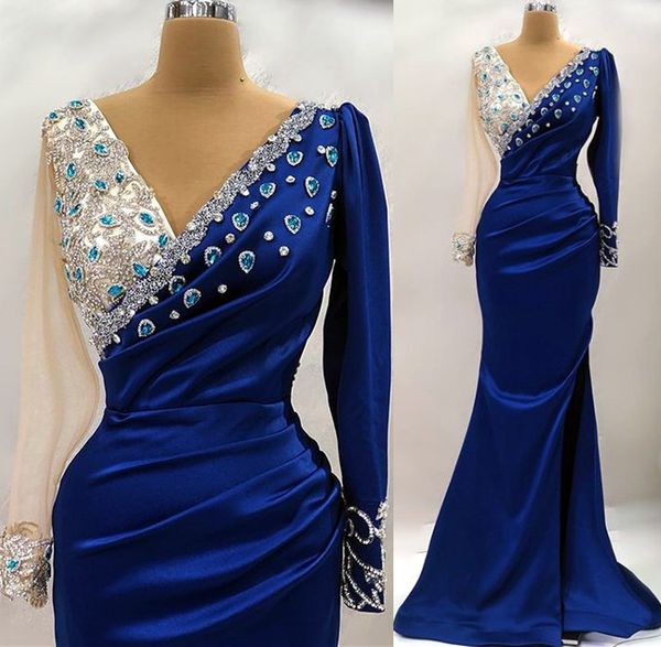 

2023 april aso ebi royal blue prom dress crystals beaded mermaid evening formal party second reception birthday engagement gowns dress robe, Black