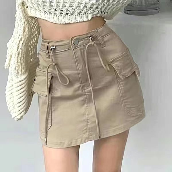 

skirts cargo mini denim summer 2023 army green multi pockets streetwear drawstring high waist woman 230424, Black