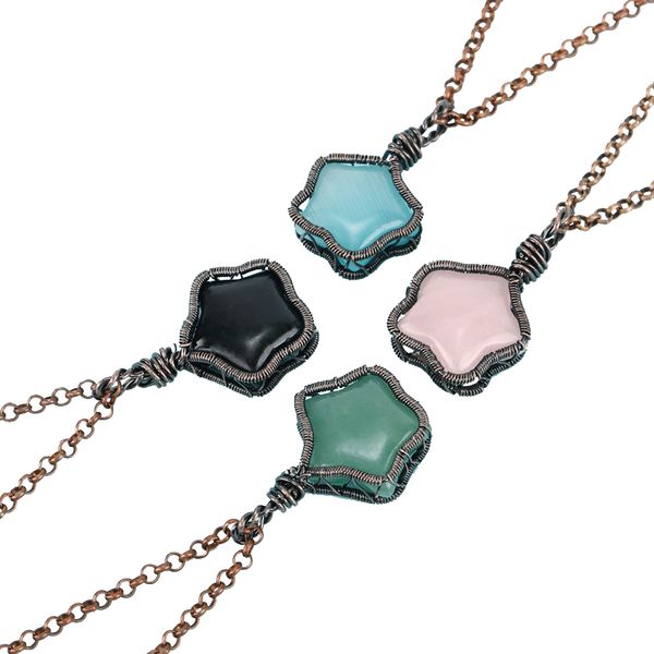 

hand-woven star shape stone creative diy bronze pendant jewelry wire wrapping natural obsidian fashion charm romantic women's necklace, Silver