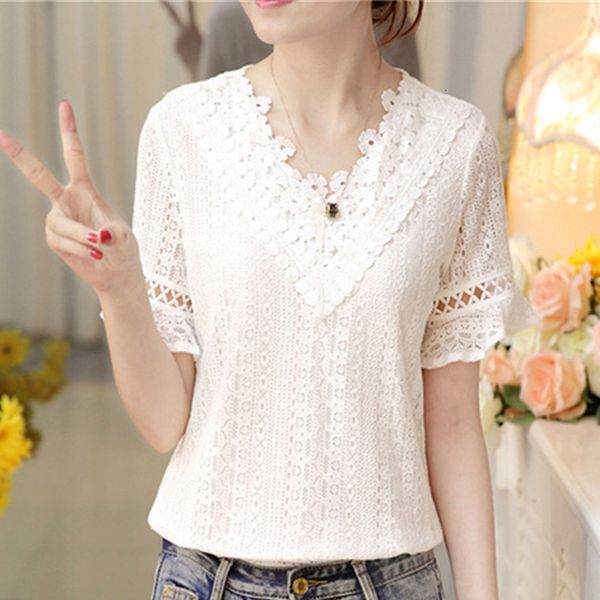 

women's blouses shirts summer white lace blouse women shirt short sleeve chiffon blouses v neck patchwork hollow out flare sleeves blus