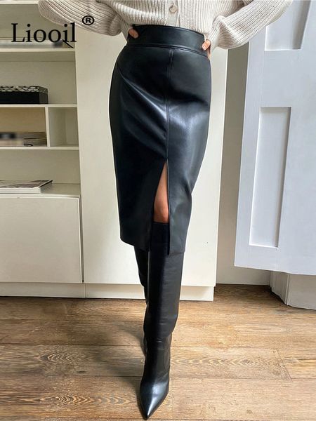 

skirts liooil women faux leather slit pencil office skirt autumn spring streetwear high waist black brown bodycon midi 230424