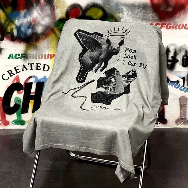 

designer fashion t shirt saint michael cho flying pig american high street old vintage short sleeve t-shirt men's vtg, White;black