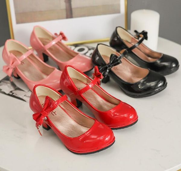 

sneakers princess leather dance shoes girls party bow shiny solid red color highheeled fashion for kids 230424, Black;red