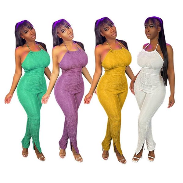 

new designer backless jumpsuits summer women halter rompers sleeveless bandage split skinny jumpsuit casual solid one piece overalls wholesa, Black;white