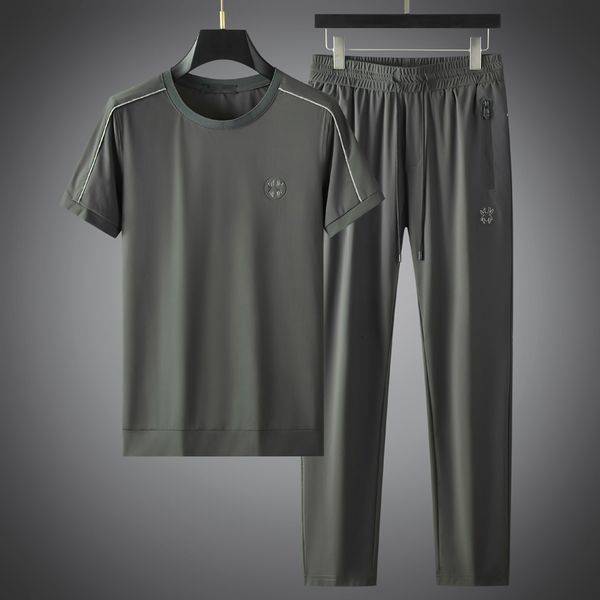 

men's tracksuits minglu sport casual men's sets t-shirtpants luxury short sleeve soft silky male suits summer elastic waist man pa, Gray