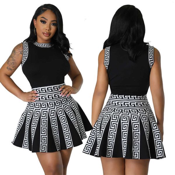

fashion womens summer dress designer skirt round neck sleeveless printing pleated dresses for woman, Black;gray