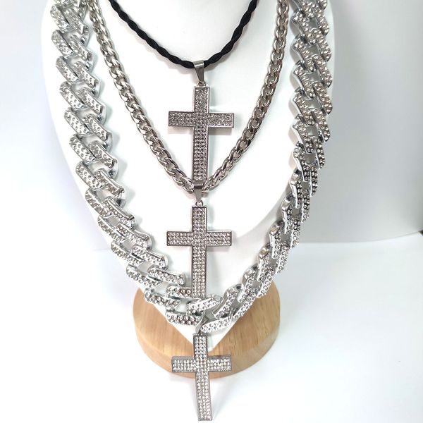 

trendy men hip hop cross necklace couple birthday gift full diamond cnc three row diamond pendant ccb aggressive 25mm wide chain 27.55in, Silver