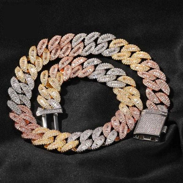 

chains 16mm rose gold/silver/gold 3 color luxury miami cuban link necklace prong setting baguette cubic zirconia hiphop jewelry 14inch
